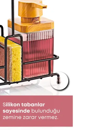 Mimoza Metal Standlı Ahşap Detaylı Bulaşık Deterjanı Ve Sıvı Sabunluk Mutfak Seti-Süngerli- Şeffaf-ŞEFFAF - 5