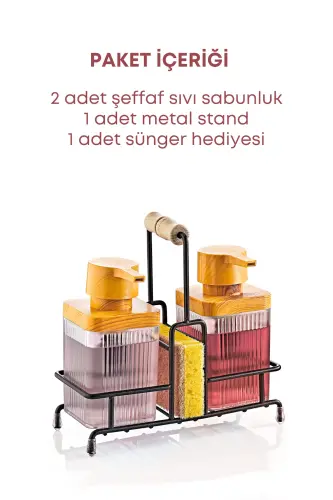 Mimoza Metal Standlı Ahşap Detaylı Bulaşık Deterjanı Ve Sıvı Sabunluk Mutfak Seti-Süngerli- Şeffaf - ŞEFFAF - 8