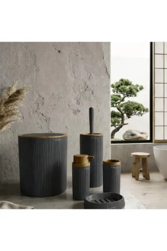 Mina Antrasit Ahşap Desenli Çizgili Yuvarlak 5'li Banyo Seti-Antrasit - OKYANUS HOME (1)