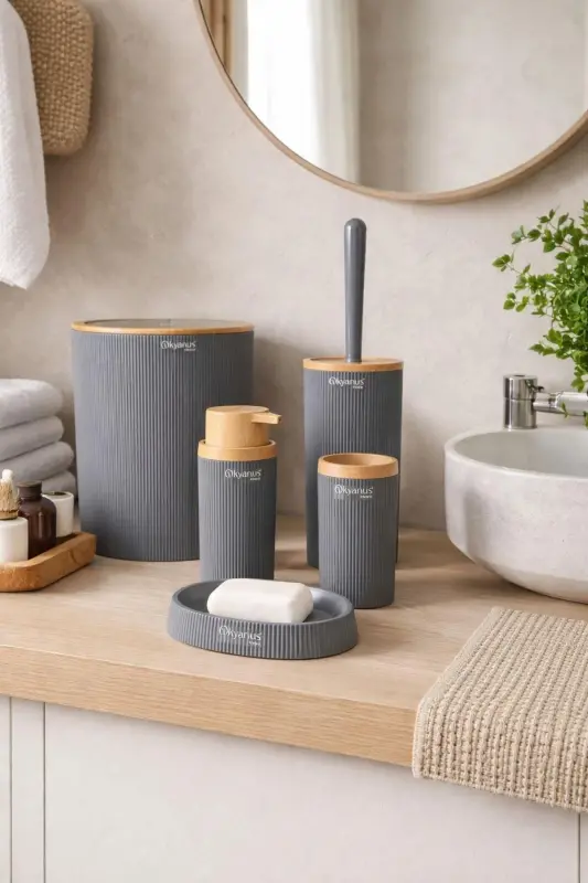Mina Antrasit Ahşap Desenli Çizgili Yuvarlak 5'li Banyo Seti-Antrasit - 1