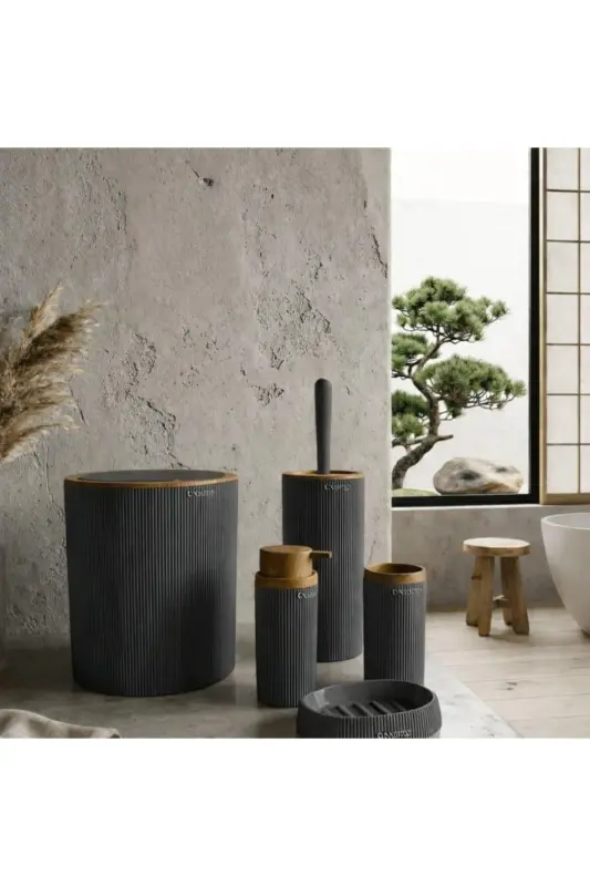 Mina Antrasit Ahşap Desenli Çizgili Yuvarlak 5'li Banyo Seti-Antrasit - 2