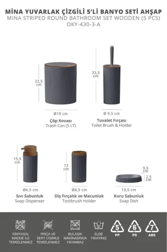 Mina Antrasit Ahşap Desenli Çizgili Yuvarlak 5'li Banyo Seti-Antrasit - 3