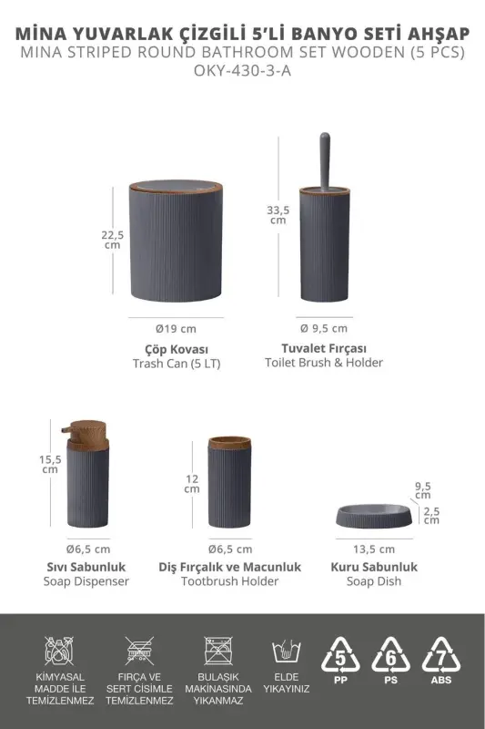 Mina Antrasit Ahşap Desenli Çizgili Yuvarlak 5'li Banyo Seti-Antrasit - 3