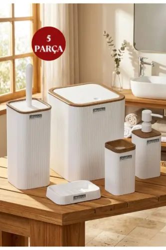 Mina Beyaz Ahşap Desenli Çizgili Kare 5'li Banyo Seti-Beyaz Kare Ahşap Mina - OKYANUS HOME (1)