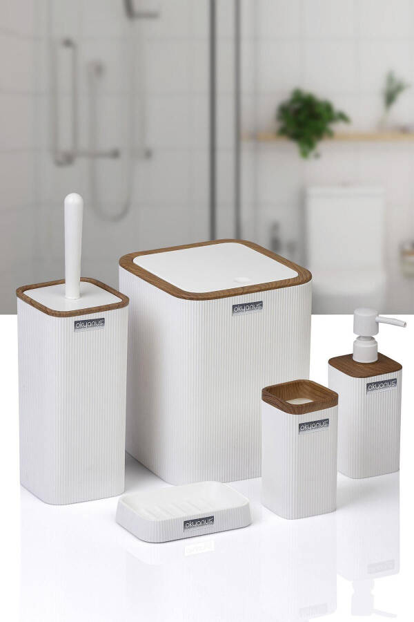 Mina Beyaz Ahşap Desenli Çizgili Kare 5'li Banyo Seti-Beyaz Kare Ahşap Mina - 1