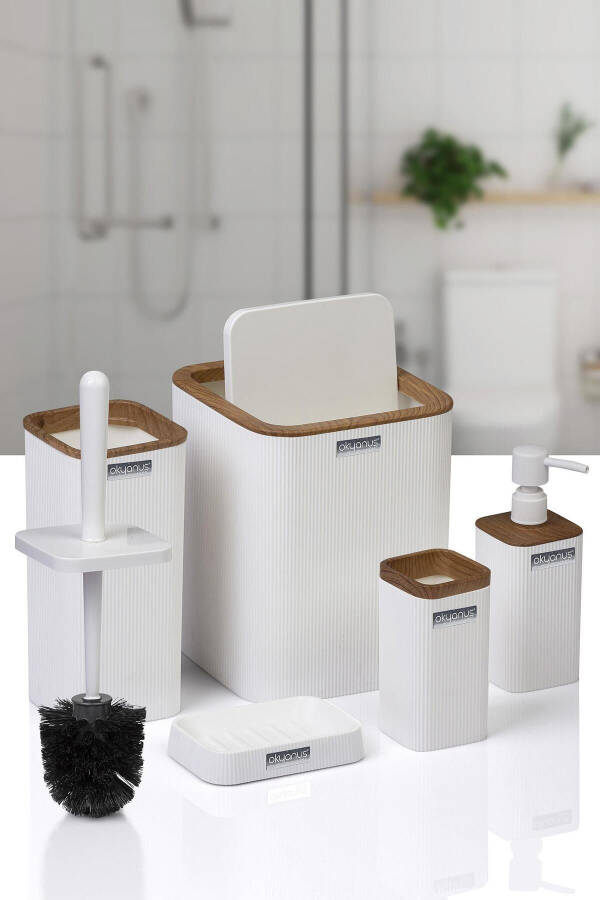 Mina Beyaz Ahşap Desenli Çizgili Kare 5'li Banyo Seti-Beyaz Kare Ahşap Mina - 2