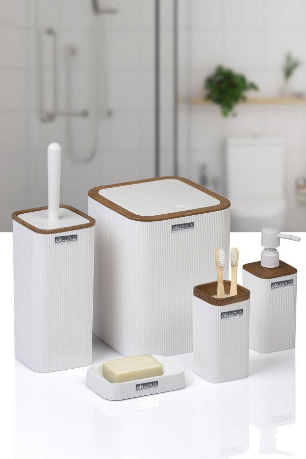 Mina Beyaz Ahşap Desenli Çizgili Kare 5'li Banyo Seti-Beyaz Kare Ahşap Mina - 3