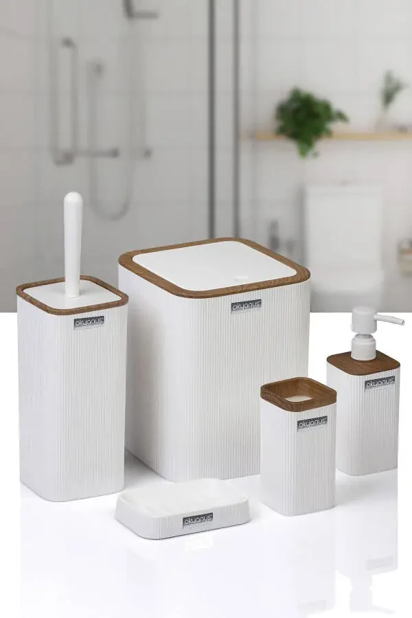 Mina Beyaz Ahşap Desenli Çizgili Kare 5'li Banyo Seti-Beyaz Kare Ahşap Mina - 1
