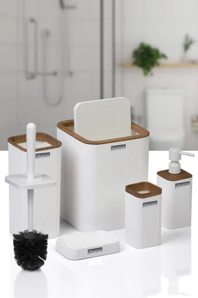 Mina Beyaz Ahşap Desenli Çizgili Kare 5'li Banyo Seti-Beyaz Kare Ahşap Mina - OKYANUS HOME (1)