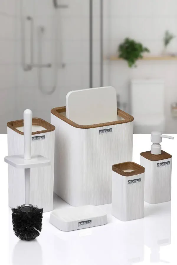 Mina Beyaz Ahşap Desenli Çizgili Kare 5'li Banyo Seti-Beyaz Kare Ahşap Mina - 2