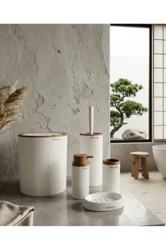 Mina Beyaz Ahşap Desenli Çizgili Yuvarlak 5'li Banyo Seti-Beyaz - OKYANUS HOME (1)