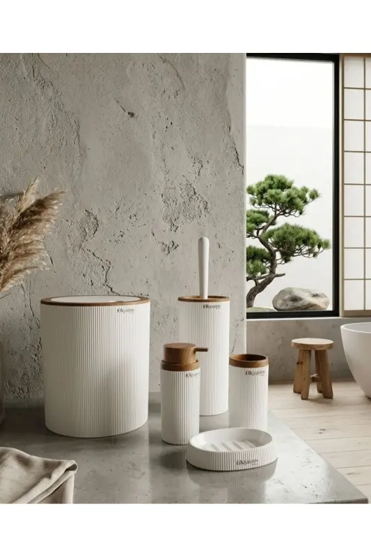Mina Beyaz Ahşap Desenli Çizgili Yuvarlak 5'li Banyo Seti-Beyaz - 2