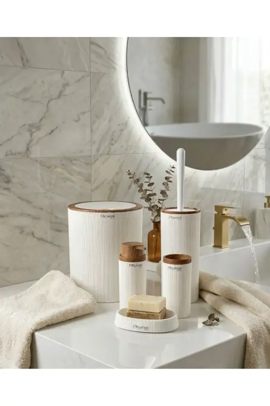 Mina Beyaz Ahşap Desenli Çizgili Yuvarlak 5'li Banyo Seti-Beyaz - 3