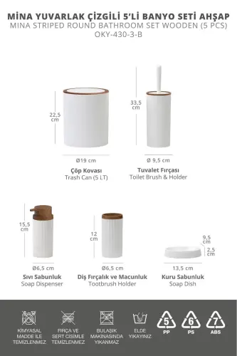 Mina Beyaz Ahşap Desenli Çizgili Yuvarlak 5'li Banyo Seti-Beyaz - 4