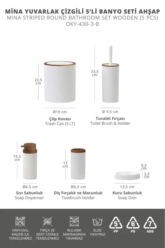 Mina Beyaz Ahşap Desenli Çizgili Yuvarlak 5'li Banyo Seti-Beyaz - 4