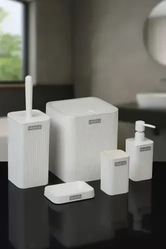 Mina Beyaz Çizgili Kare Banyo Seti-Beyaz Kare Mina - 6