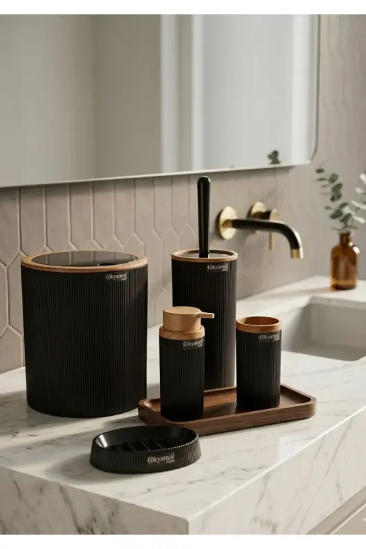 Mina Black Wood Patterned Striped Round 5 Piece Bathroom Set - 2