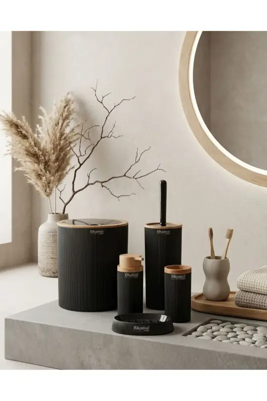 Mina Black Wood Patterned Striped Round 5 Piece Bathroom Set - 3