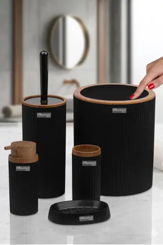 Mina Black Wood Patterned Striped Round 5 Piece Bathroom Set - OKYANUS HOME (1)