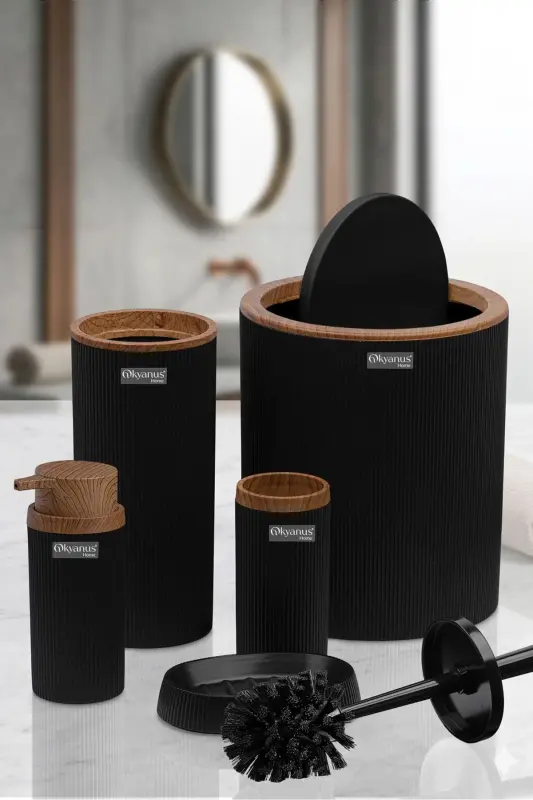 Mina Black Wood Patterned Striped Round 5 Piece Bathroom Set - 3