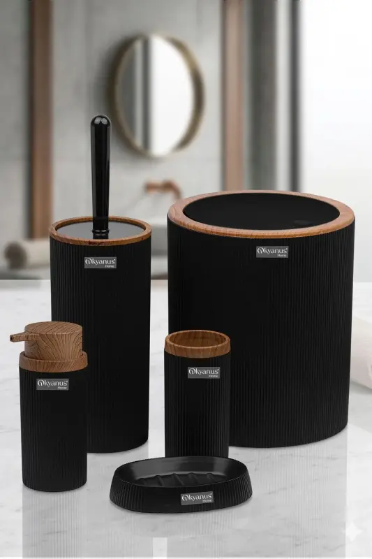 Mina Black Wood Patterned Striped Round 5 Piece Bathroom Set - 4