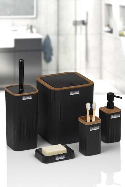 Mina Black Wooden Patterned Striped Square 5-Piece Bathroom Set - 3