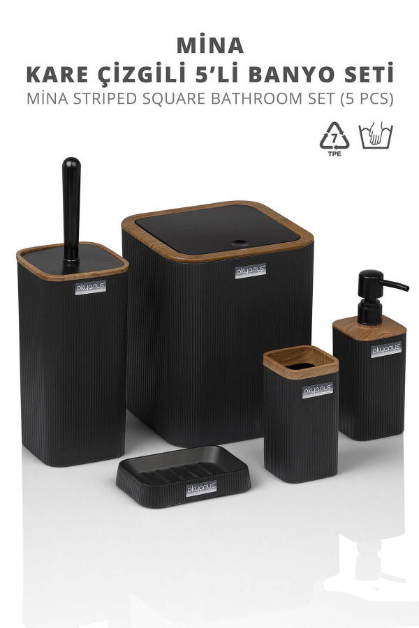 Mina Black Wooden Patterned Striped Square 5-Piece Bathroom Set - 6