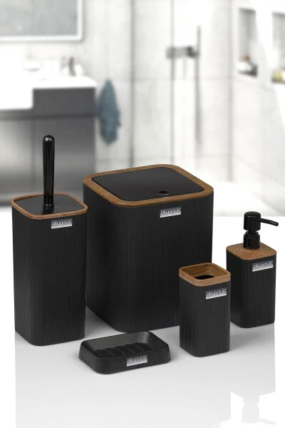 Mina Black Wooden Patterned Striped Square 5-Piece Bathroom Set - OKYANUS HOME