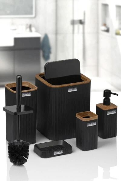 Mina Black Wooden Patterned Striped Square 5-Piece Bathroom Set - OKYANUS HOME (1)