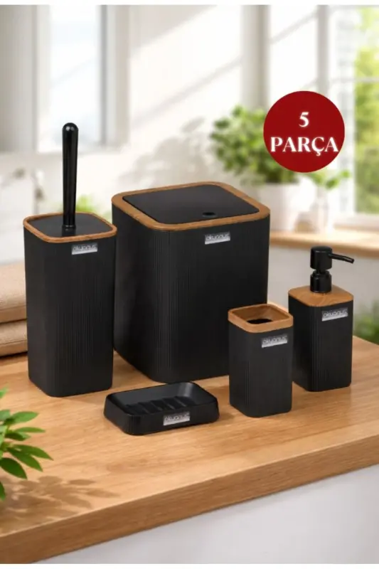 Mina Black Wooden Patterned Striped Square 5-Piece Bathroom Set - 1