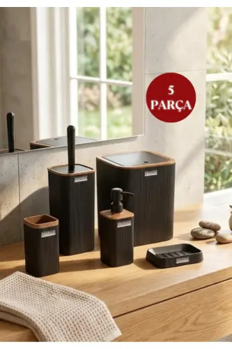 Mina Black Wooden Patterned Striped Square 5-Piece Bathroom Set - OKYANUS HOME (1)