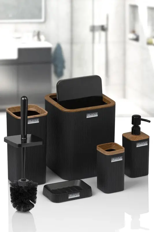 Mina Black Wooden Patterned Striped Square 5-Piece Bathroom Set - 4