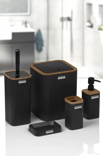 Mina Black Wooden Patterned Striped Square 5-Piece Bathroom Set - 5