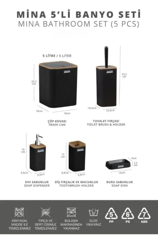 Mina Black Wooden Patterned Striped Square 5-Piece Bathroom Set - 6