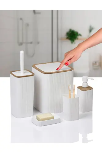 Mina Due Beyaz Çizgili Kare 5'li Banyo Seti - Beyaz - OKYANUS HOME (1)