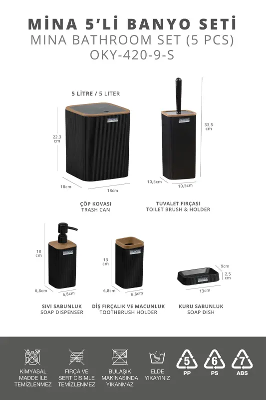 Mina Due Black Striped Square 5-Piece Bathroom Set - 5