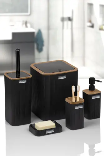 Mina Due Siyah Çizgili Kare 5'li Banyo Seti - Siyah - 8