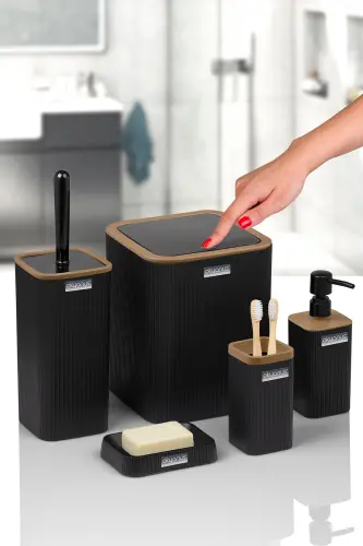 Mina Due Siyah Çizgili Kare 5'li Banyo Seti - Siyah - OKYANUS HOME (1)