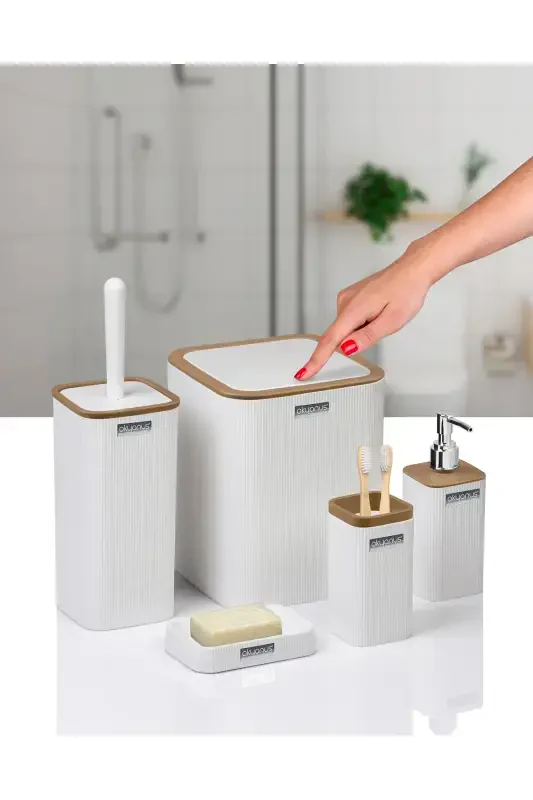 Mina Due White Striped Square 5 Piece Bathroom Set - OKYANUS HOME