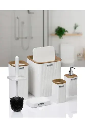 Mina Due White Striped Square 5 Piece Bathroom Set - OKYANUS HOME (1)