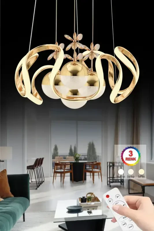 Mina Gold Remote Controlled LED Chandelier with 3 Color LEDs-Gold - İSTANBUL AVIZE