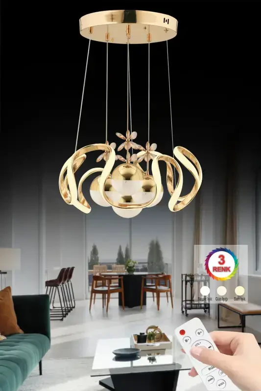 Mina Gold Remote Controlled LED Chandelier with 3 Color LEDs-Gold - 2