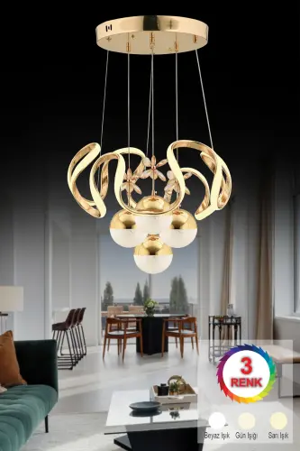 Mina Kumandalı Gold Ledli 3 Renk Modern Led Avize-Altın 