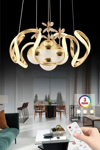 Mina Kumandalı Gold Ledli 3 Renk Modern Led Avize - Altın 