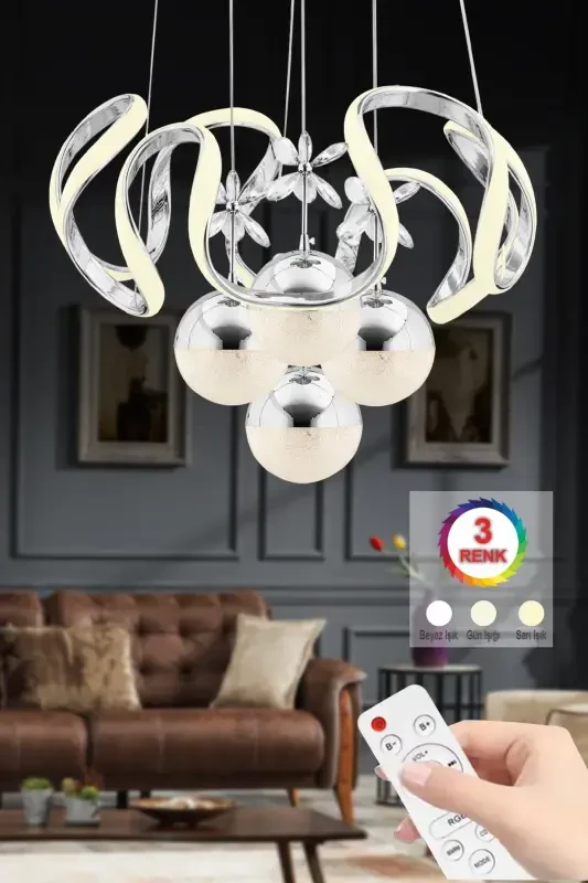 Mina Silver Remote Controlled 3 1 Led Three Color Led Chandelier-Silver2 - İSTANBUL AVIZE
