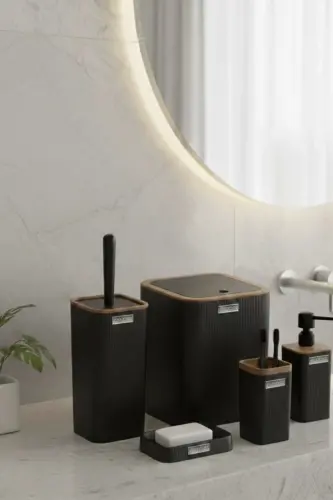 Mina Siyah Ahşap Desenli Çizgili Kare 5'li Banyo Seti - Siyah Kare Ahşap Mina - 8