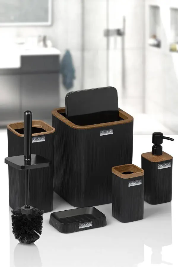 Mina Siyah Ahşap Desenli Çizgili Kare 5'li Banyo Seti-Siyah Kare Ahşap Mina - 2