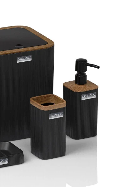 Mina Siyah Ahşap Desenli Çizgili Kare 5'li Banyo Seti-Siyah Kare Ahşap Mina - 4