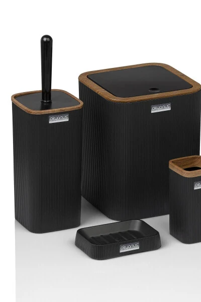 Mina Siyah Ahşap Desenli Çizgili Kare 5'li Banyo Seti-Siyah Kare Ahşap Mina - 5