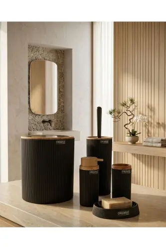 Mina Siyah Ahşap Desenli Çizgili Yuvarlak 5'li Banyo Seti-Siyah - 1